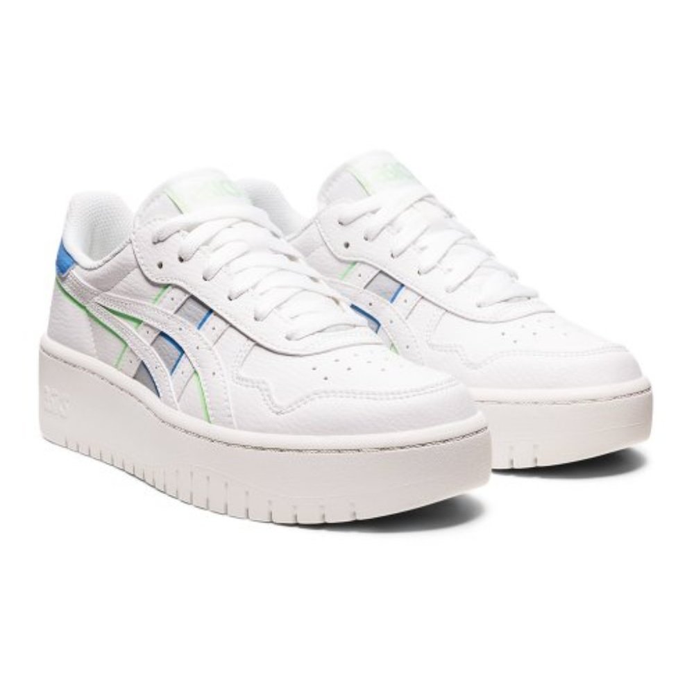 Asics White Sneakers with Blue and Green Accents